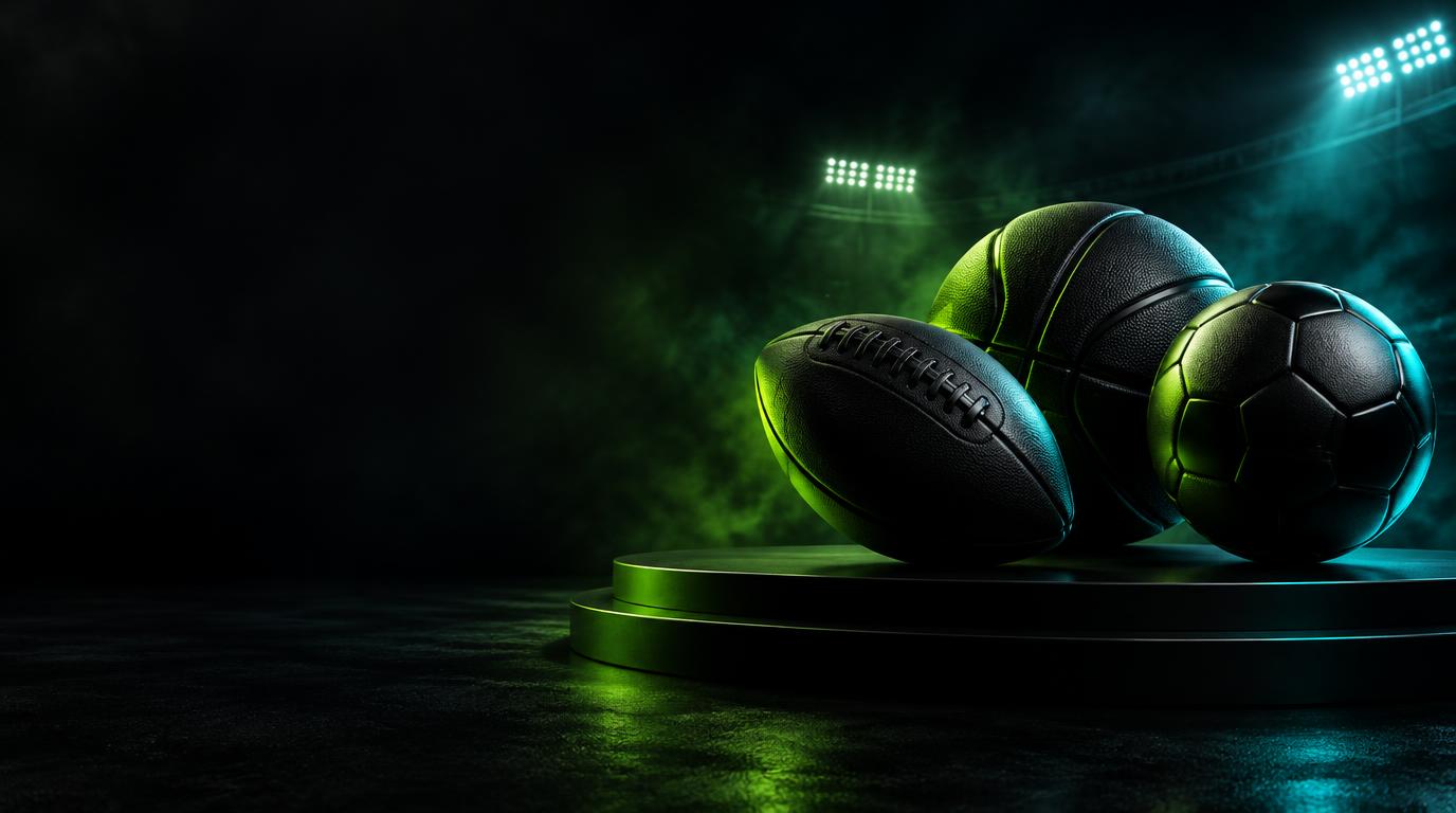 Black football, basketball and soccer ball under lime-green stadium lights